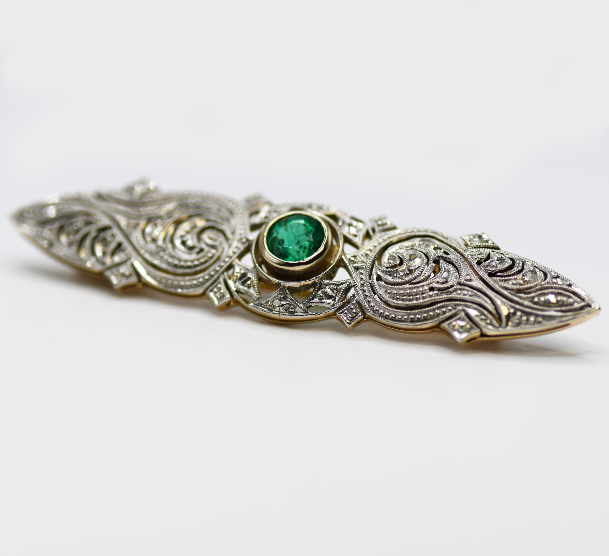 14K White Gold & Platinum Emerald Art Deco Pin, .60ct, 6.2gr, with Original Box - Image 3