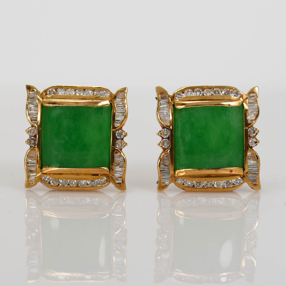 18K Yellow Gold Jade & Diamond Earrings, 1.00tdw, 14.4g - Image 5