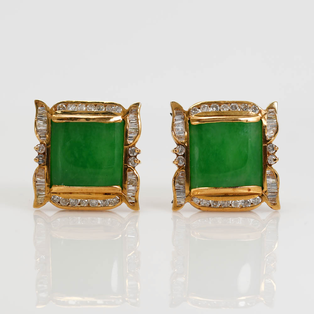 18K Yellow Gold Jade & Diamond Earrings, 1.00tdw, 14.4g - Image 2