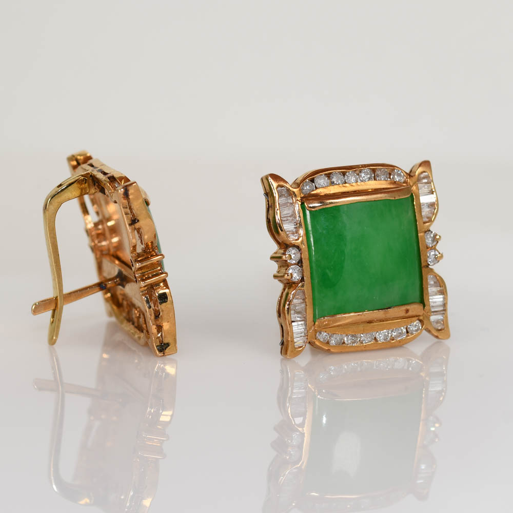 18K Yellow Gold Jade & Diamond Earrings, 1.00tdw, 14.4g - Image 3