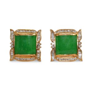 18K Yellow Gold Jade & Diamond Earrings, 1.00tdw, 14.4g