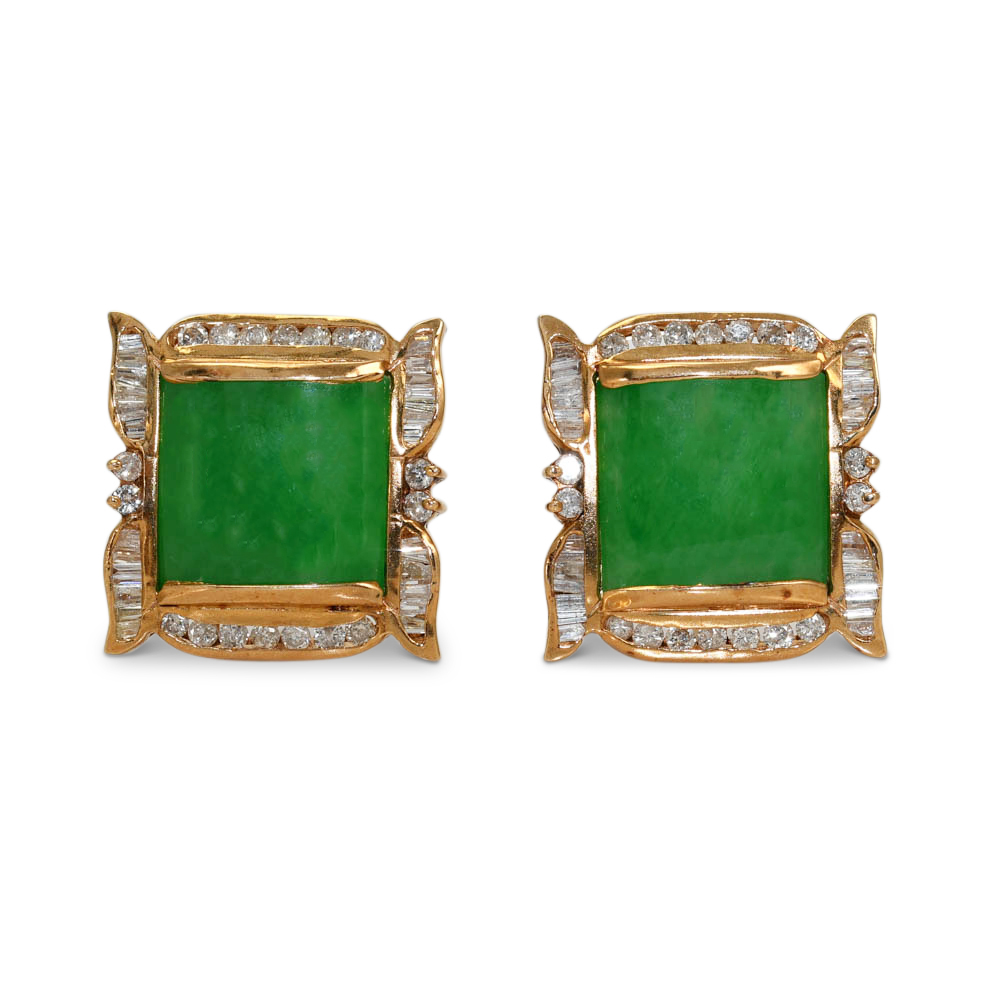 18K Yellow Gold Jade & Diamond Earrings, 1.00tdw, 14.4g