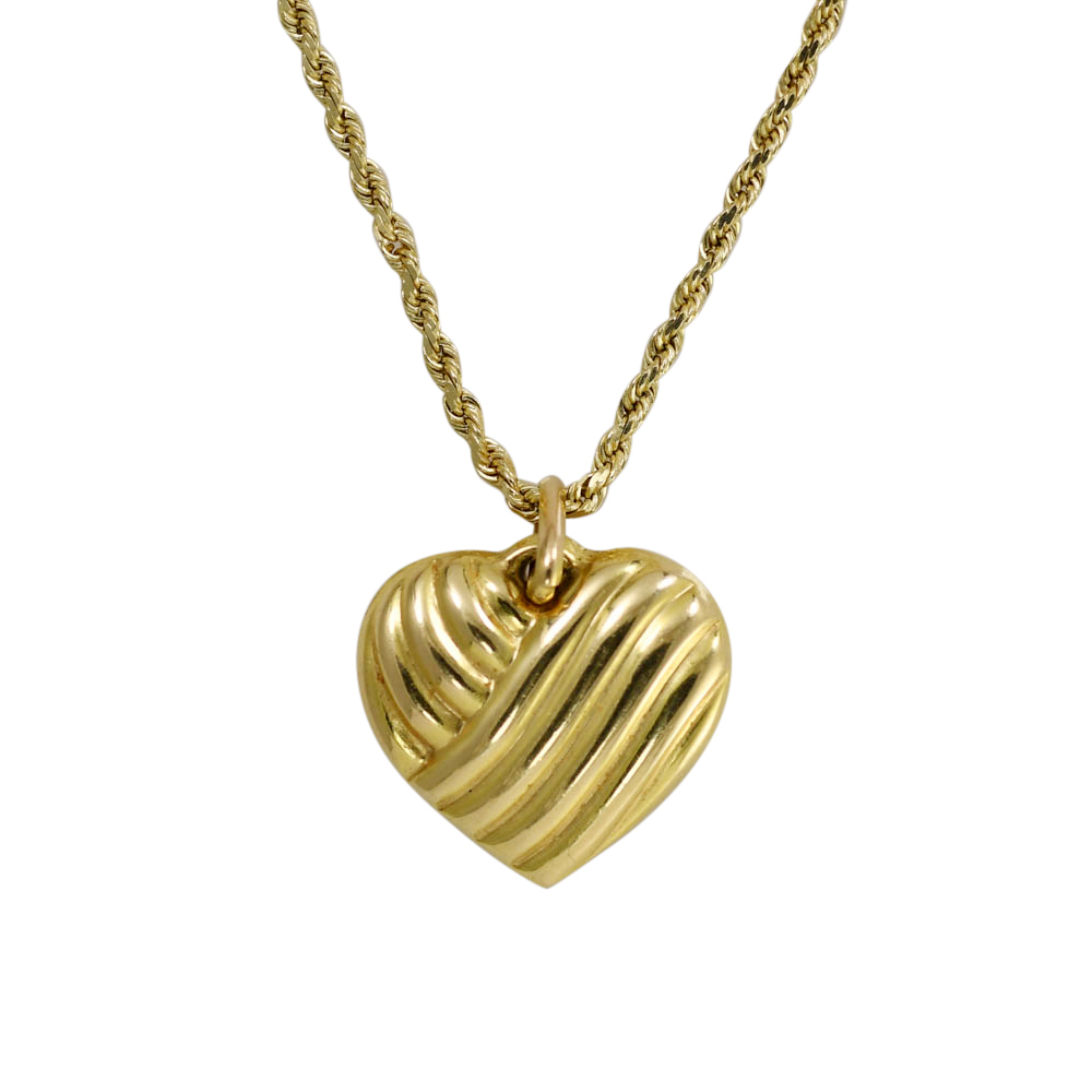 14k Yellow Gold Heart Pendant w Rope Chain Tangible
