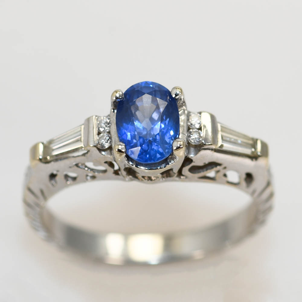 18K White Gold Diamond & Sapphire Ring, 1.12ct Saph, 3.8g - Image 4