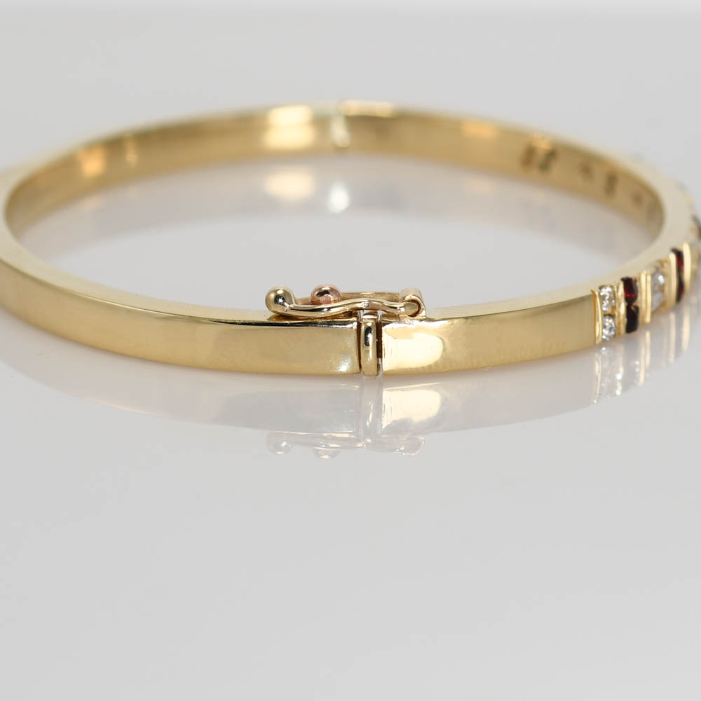 14K Yellow Gold Garnet & Diamond Bangle Bracelet - Image 6