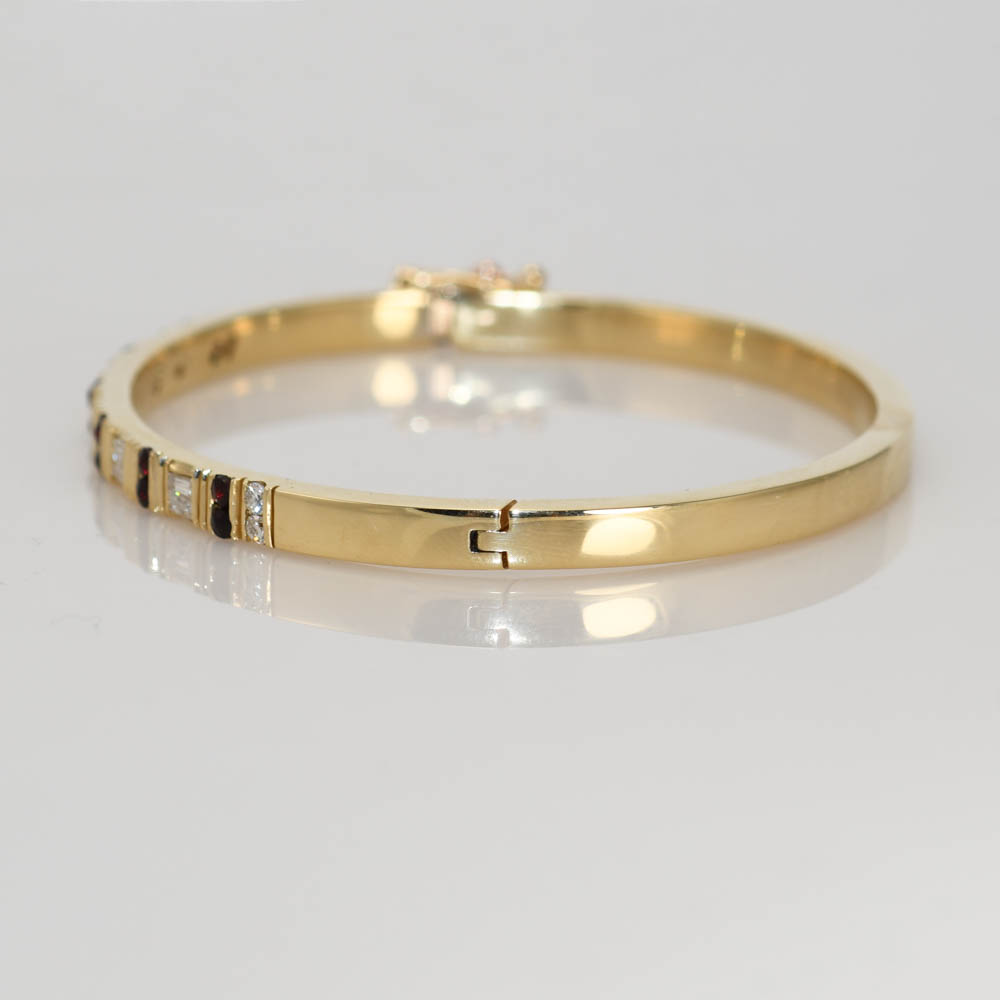 14K Yellow Gold Garnet & Diamond Bangle Bracelet - Image 5