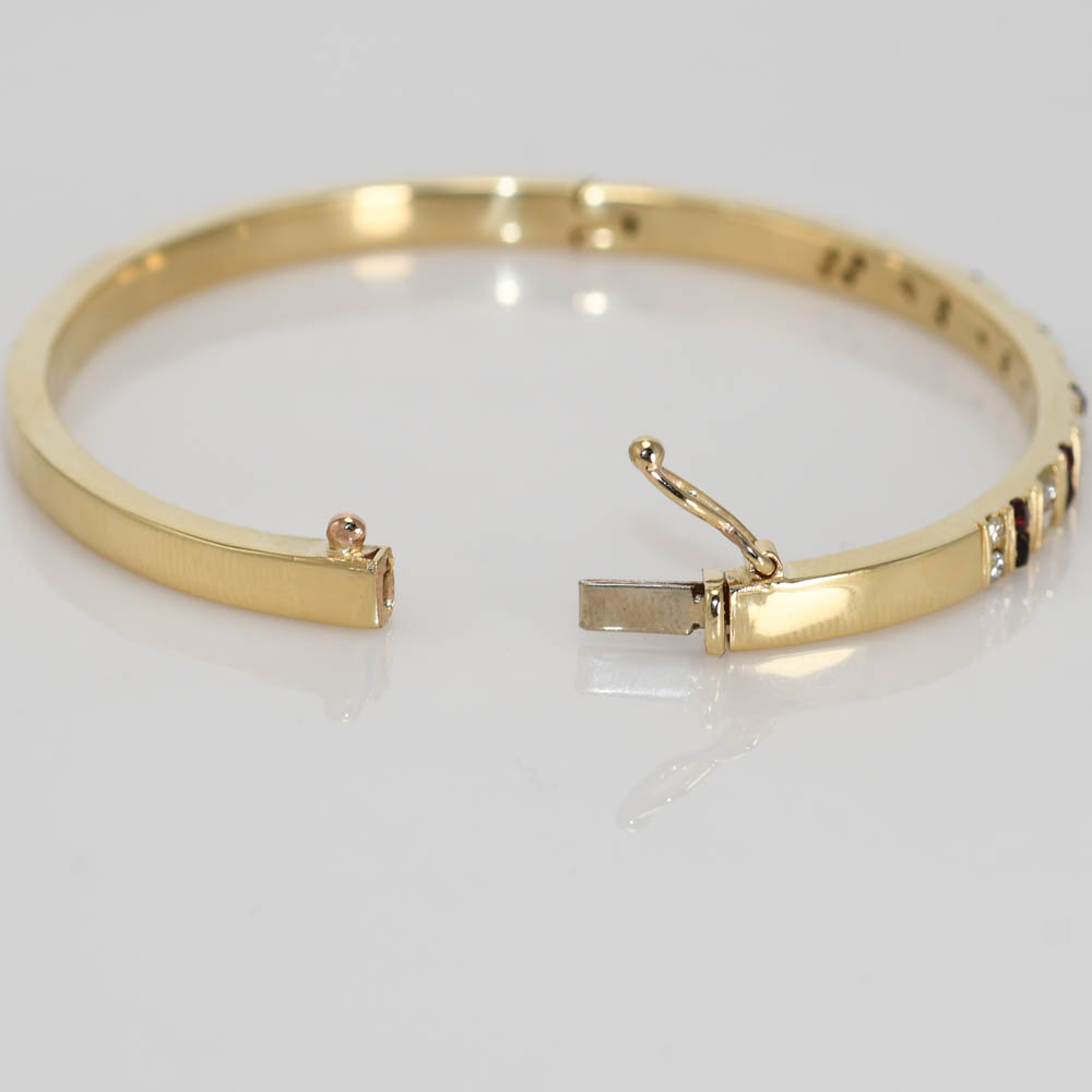 14K Yellow Gold Garnet & Diamond Bangle Bracelet - Image 4