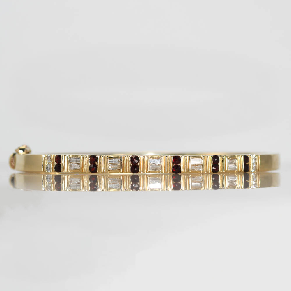 14K Yellow Gold Garnet & Diamond Bangle Bracelet - Image 3