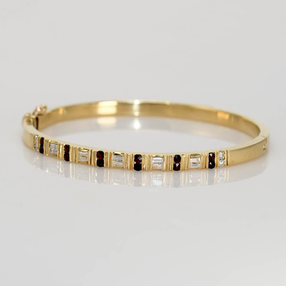 14K Yellow Gold Garnet & Diamond Bangle Bracelet - Image 2