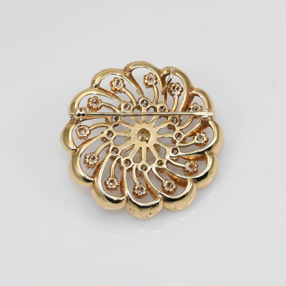 14K Yellow Gold Vintage Pearl & Diamond Brooch, 14.7g, .72tdw - Image 6
