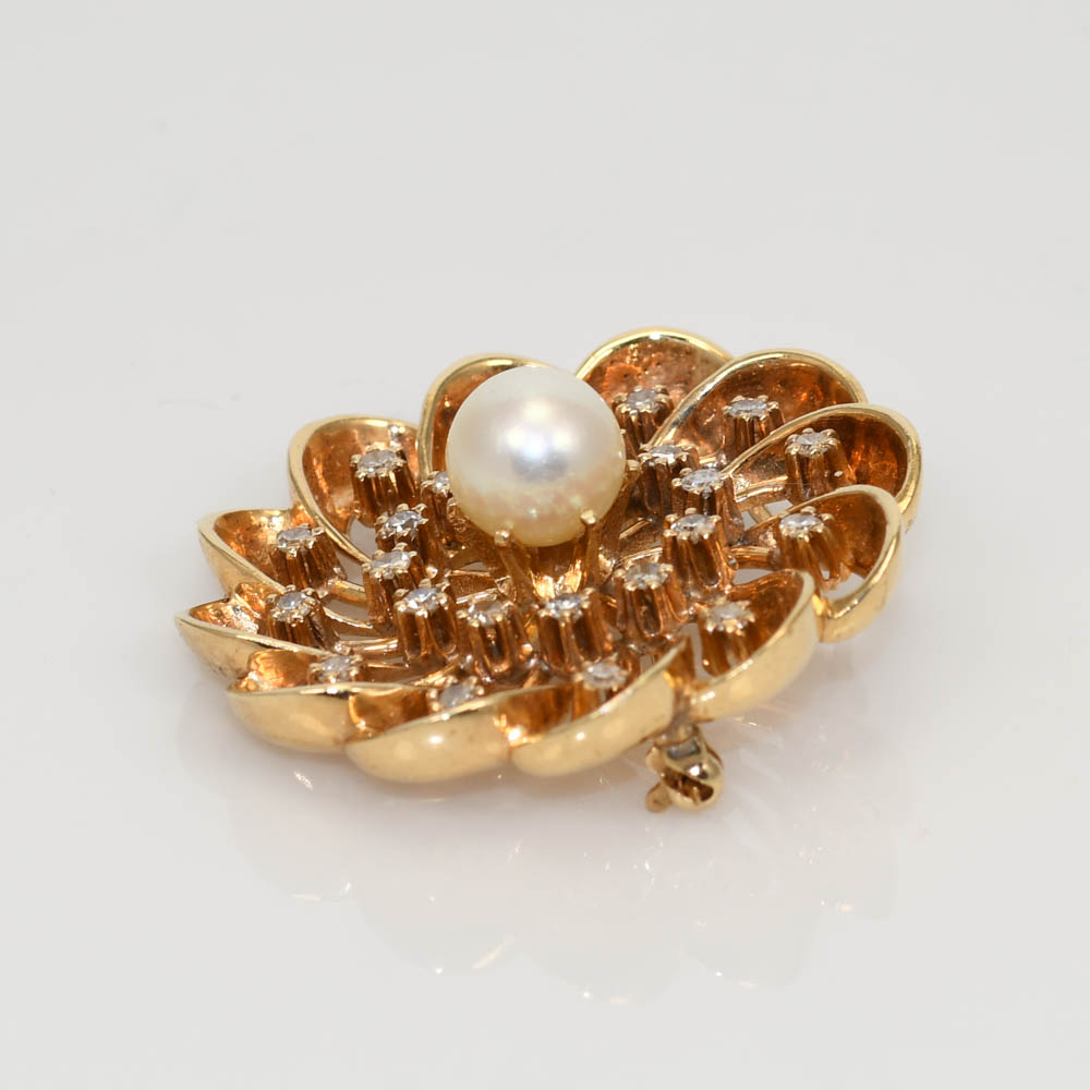 14K Yellow Gold Vintage Pearl & Diamond Brooch, 14.7g, .72tdw - Image 4