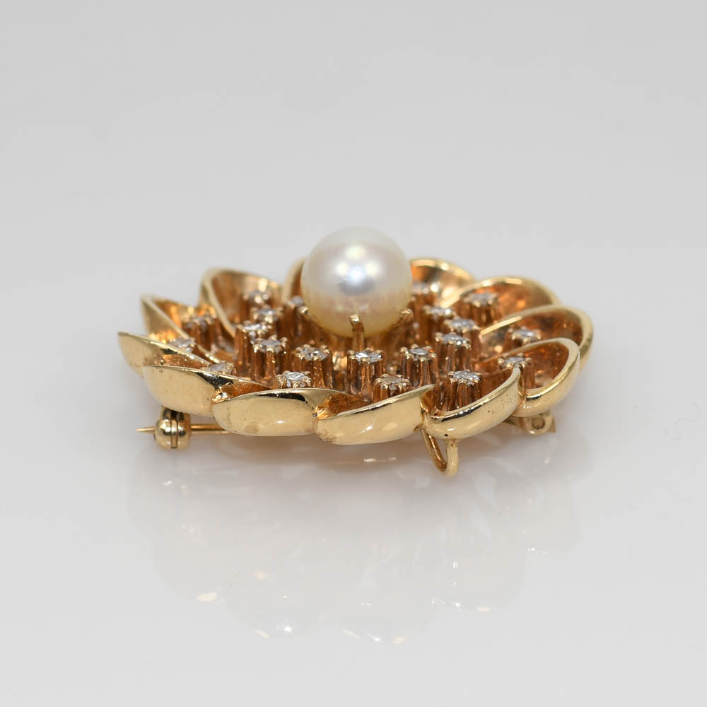 14K Yellow Gold Vintage Pearl & Diamond Brooch, 14.7g, .72tdw - Image 5