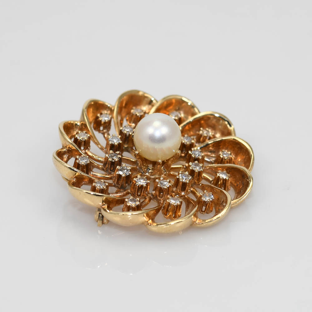 14K Yellow Gold Vintage Pearl & Diamond Brooch, 14.7g, .72tdw - Image 3