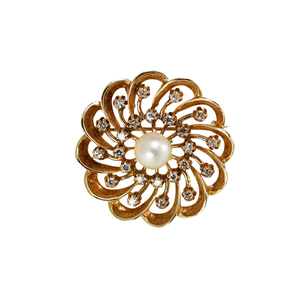 14K Yellow Gold Vintage Pearl & Diamond Brooch, 14.7g, .72tdw