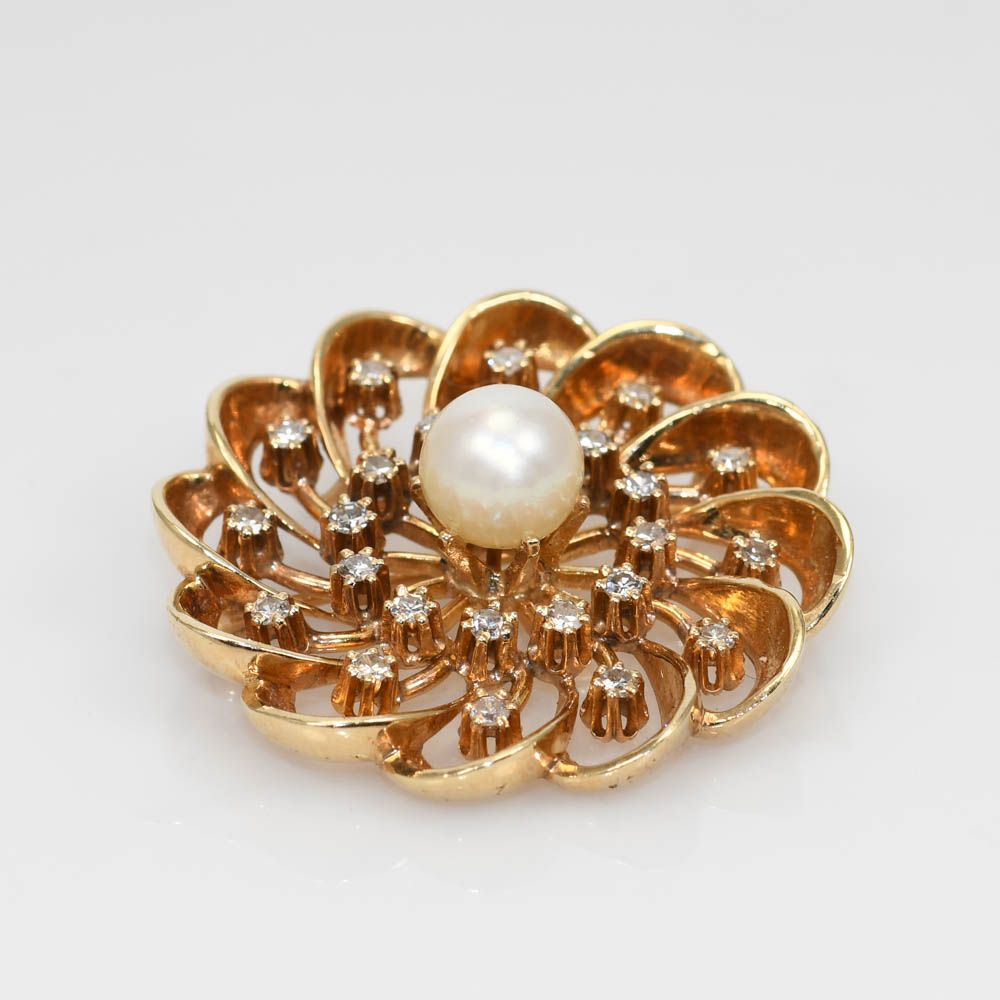 14K Yellow Gold Vintage Pearl & Diamond Brooch, 14.7g, .72tdw - Image 2
