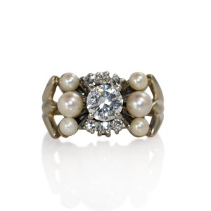 14K White Gold Vintage Pearl & Diamond Ring, .67ct