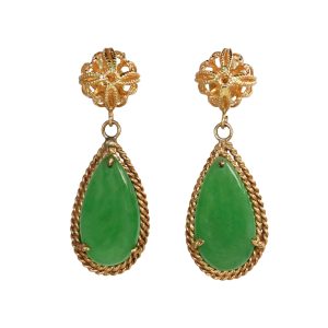 14K Yellow Gold Jade Pear Shape Earrings, 4gr