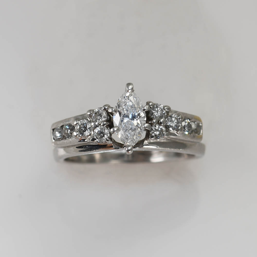 Platinum Vintage Diamond Ring Set, .30ct Marquise, .62tdw - Image 6