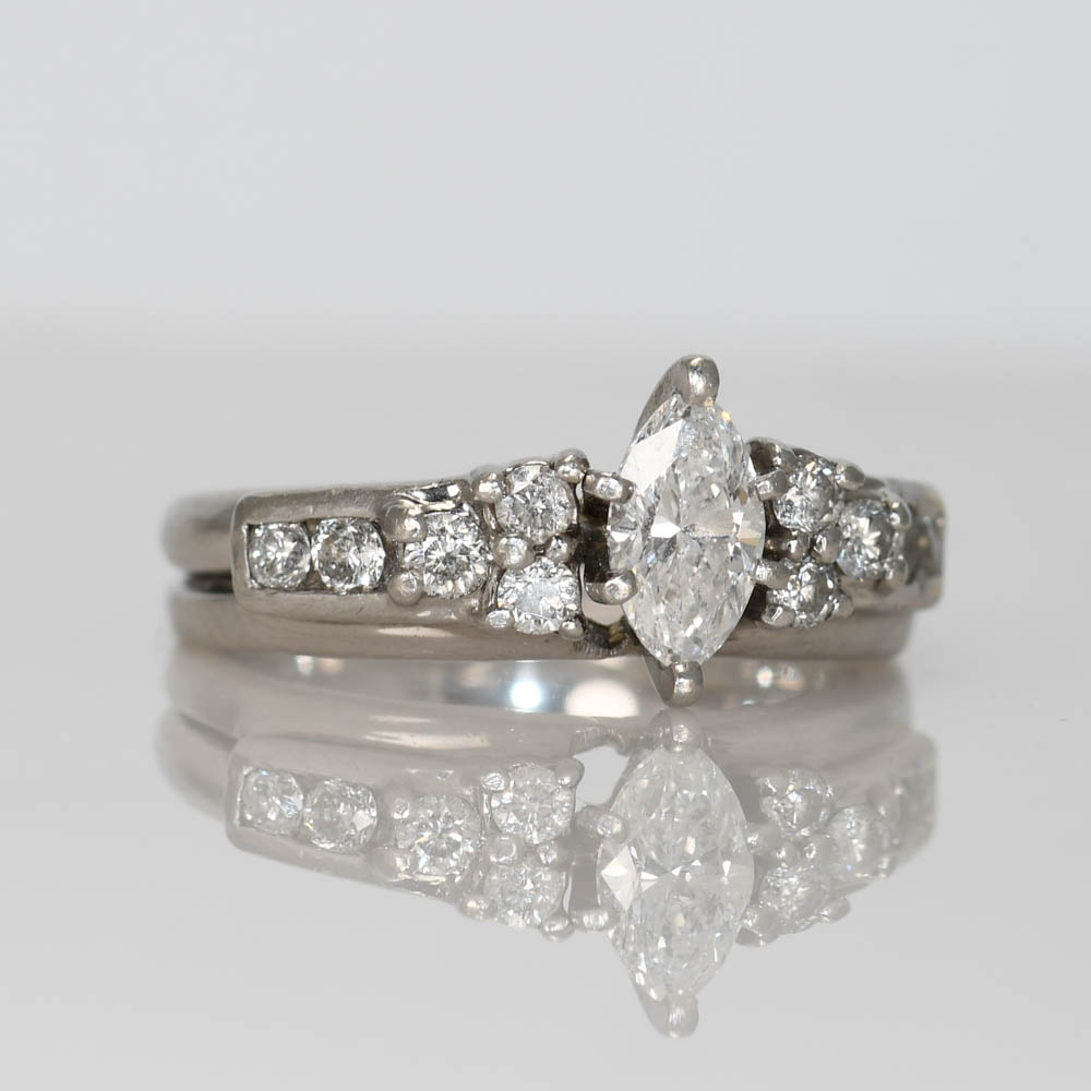 Platinum Vintage Diamond Ring Set, .30ct Marquise, .62tdw - Image 3