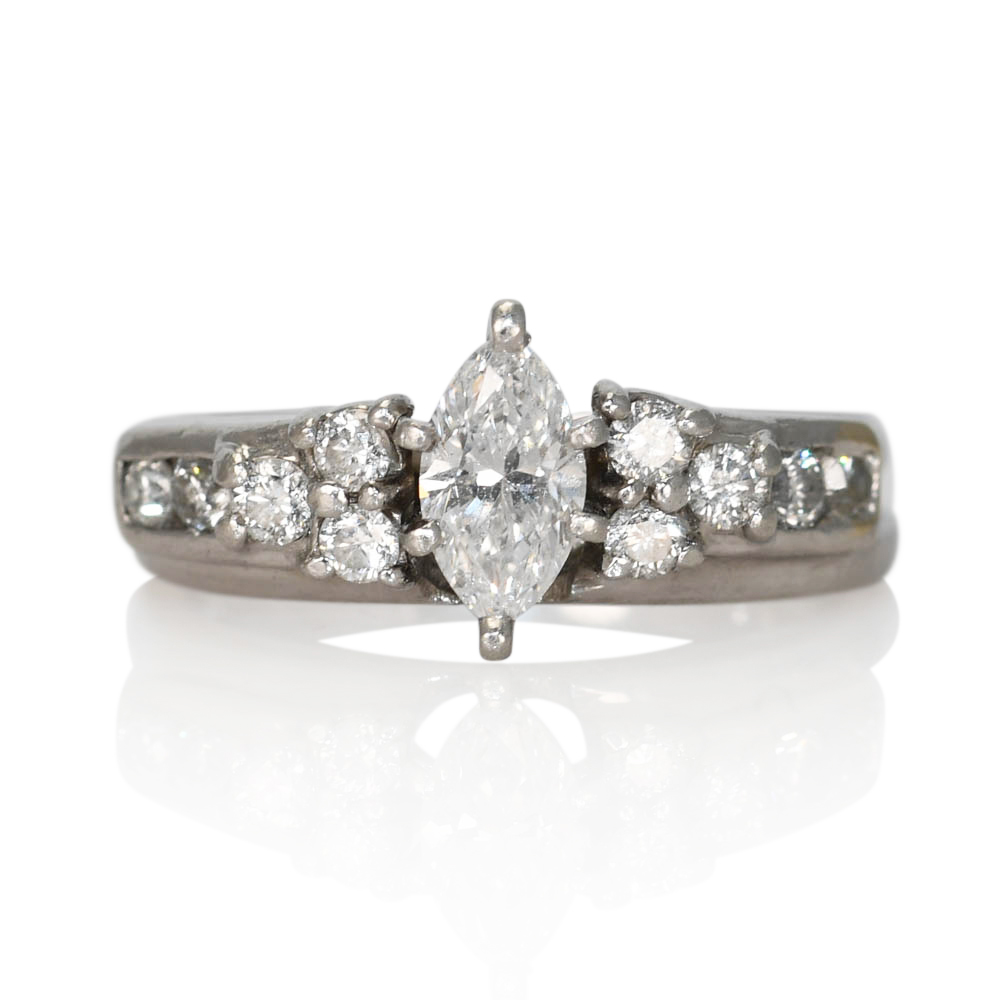 Platinum Vintage Diamond Ring Set, .30ct Marquise, .62tdw