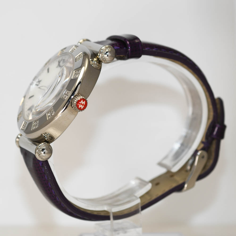 Caber Isle Leather Strap Diamond Bezel Watch Michele Caber S/S Watch M.O.P Dial, Diamond Bezel, .33tdw  main image 3