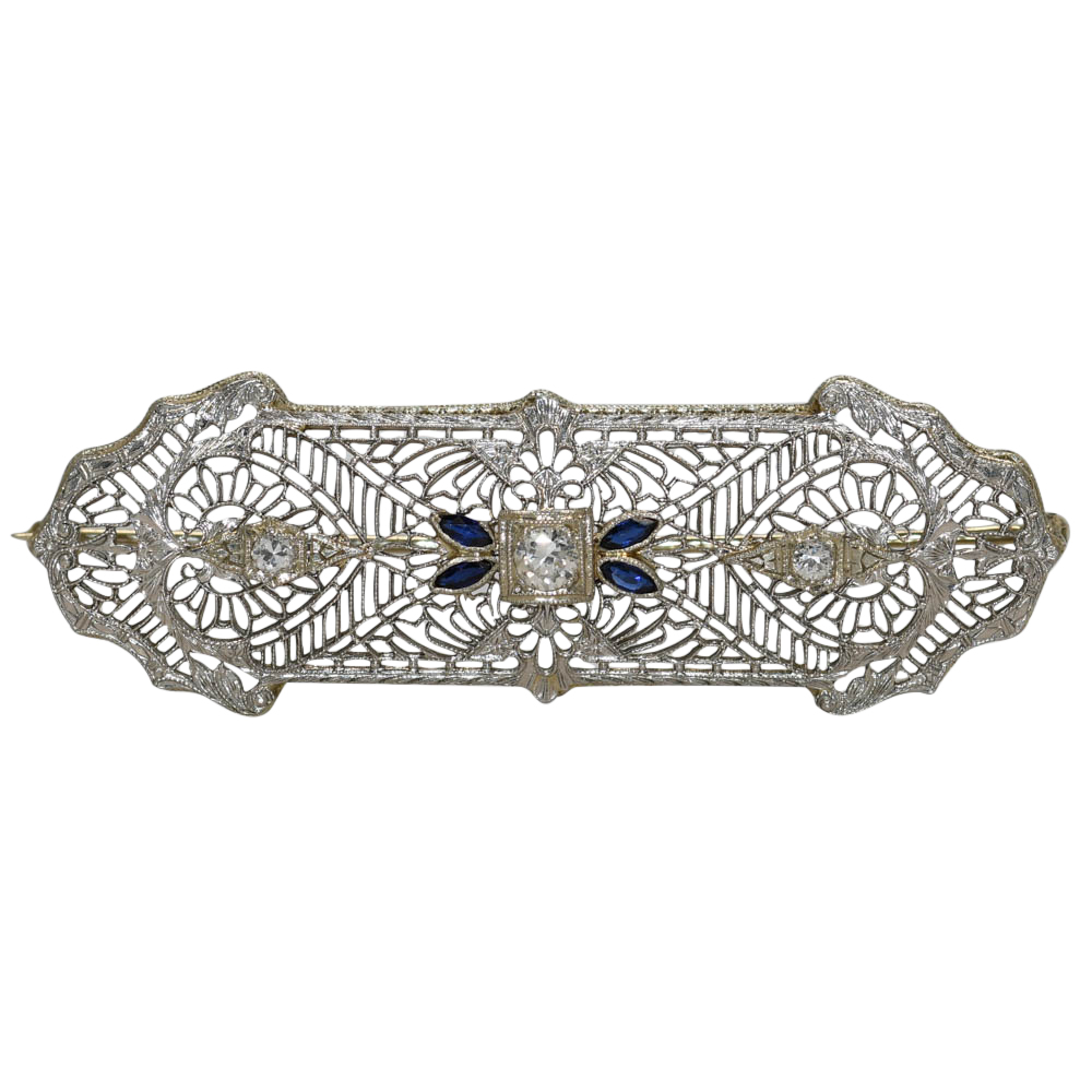 14K White Gold Art Deco Diamond Brooch, .20tdw, 5.5g