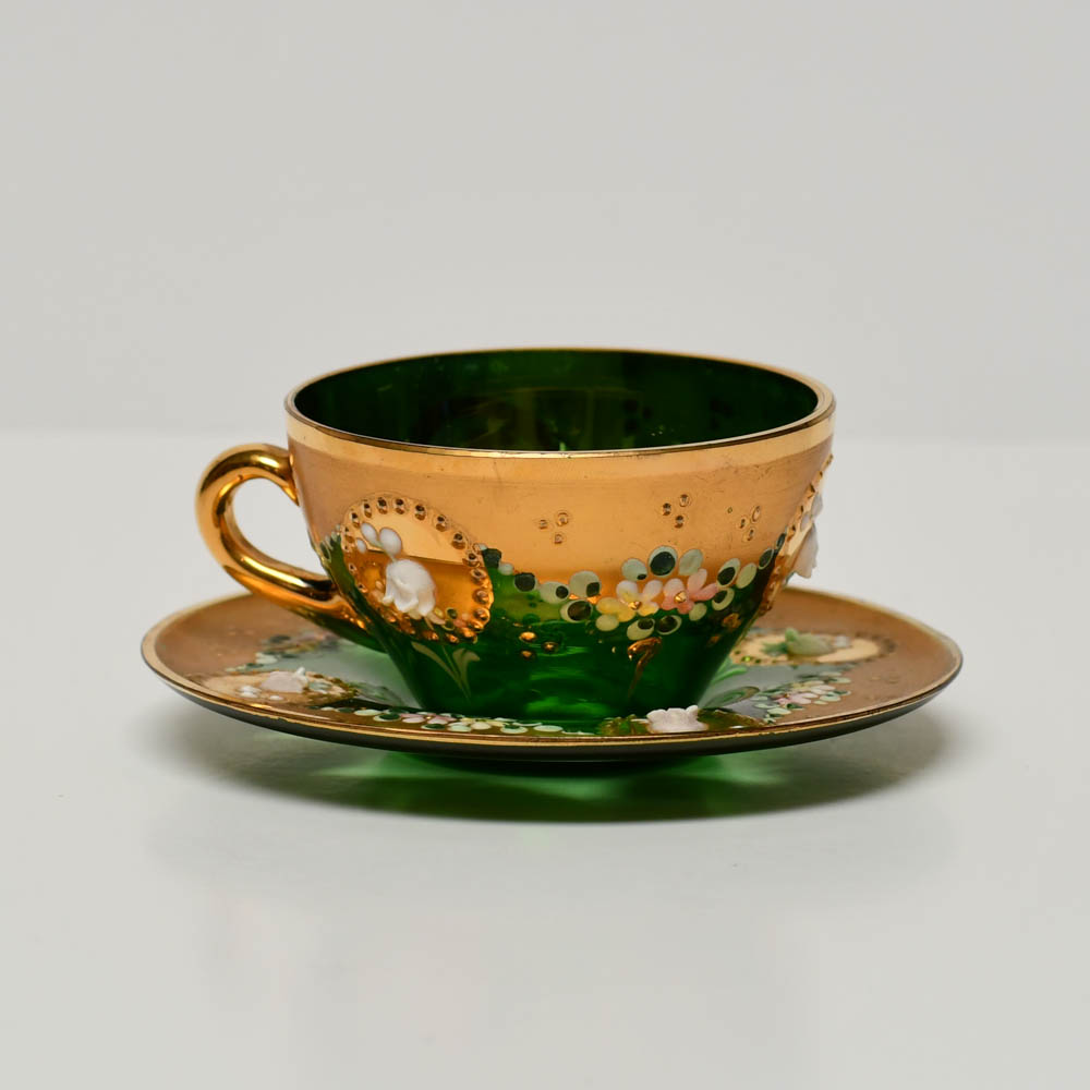 Antique Moser Green Glass Teacup Saucer Tangible Investments