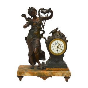 Large Figural Clock with Maiden Standing Next to Clock