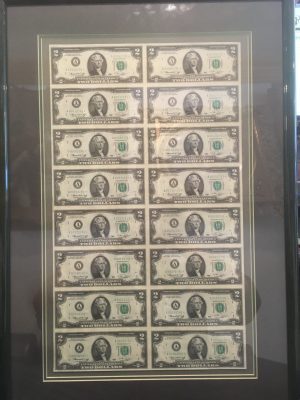 1976 $2 Star Notes Uncut Sheet of 16 Framed 19" W x 29" L