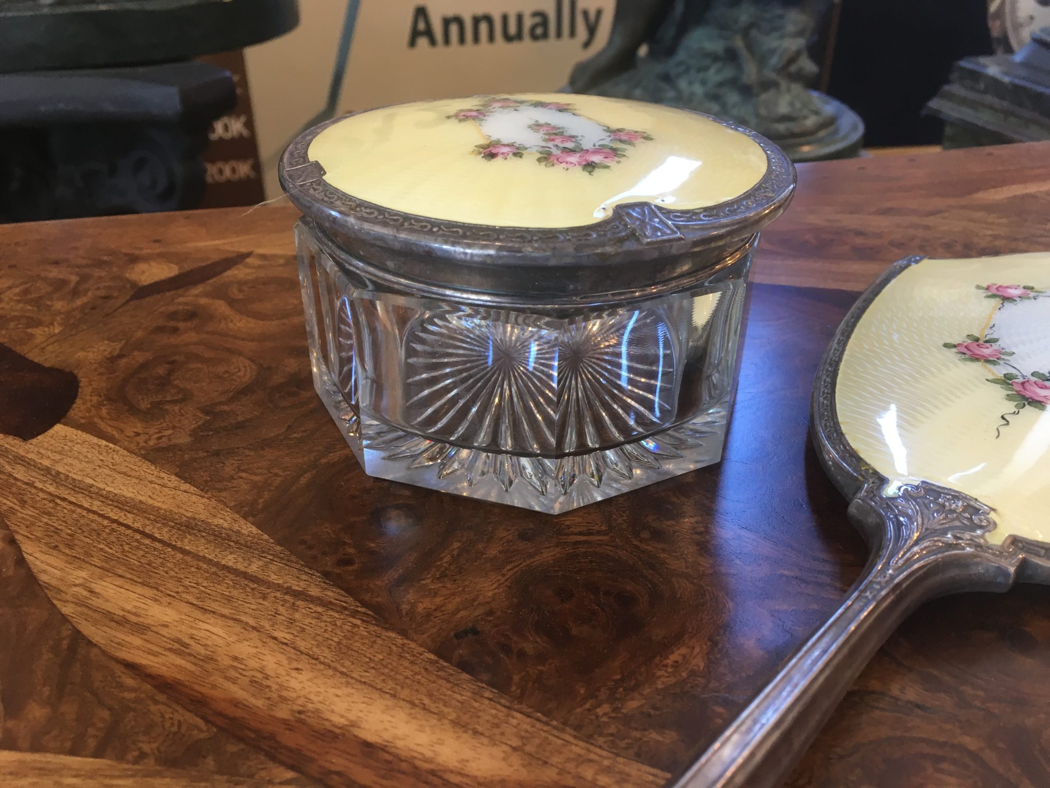 Antique Sterling Silver & Enamel Crystal Jewelry Box & Matching 