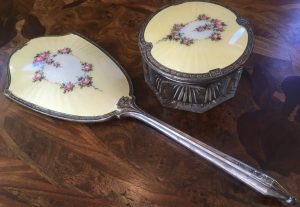 Antique Sterling Silver & Enamel Crystal Jewelry Box & Matching Handheld Mirror