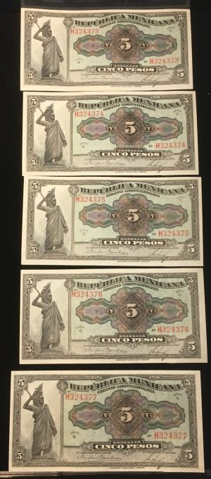 Lot of (5) Consecutive Choice to GEM Crisp UNC Cinco Peso Republica Mexicana