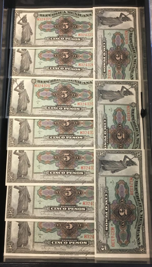 Lot of (10) 1915 Consecutive Choice to GEM Crisp UNC Cinco Peso Republica Mexicana