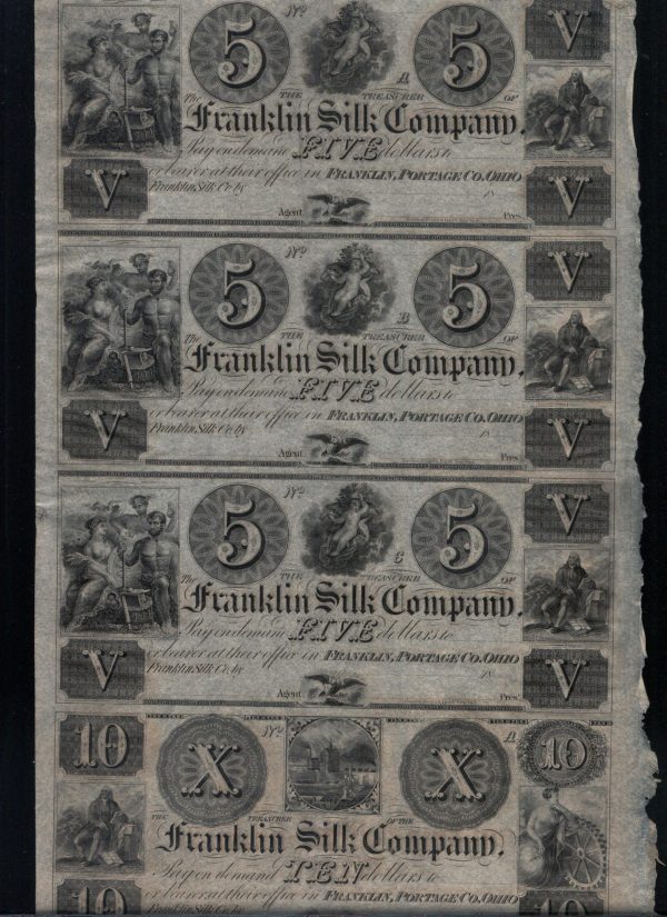 Franklin Silk Company Uncut Sheet $5 & X Four Unc Rare US Notes