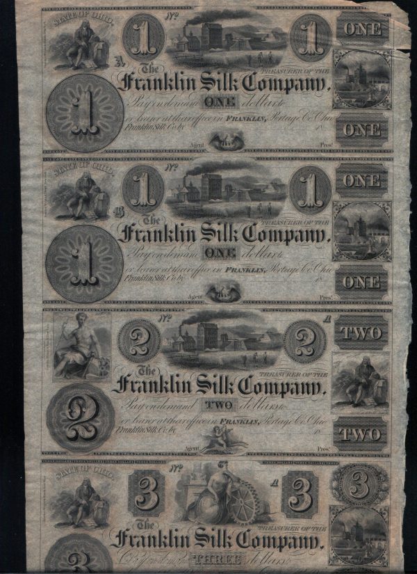 Franklin Silk Company Uncut Sheet $1 $1 $2 $3 Four Unc Rare US Notes