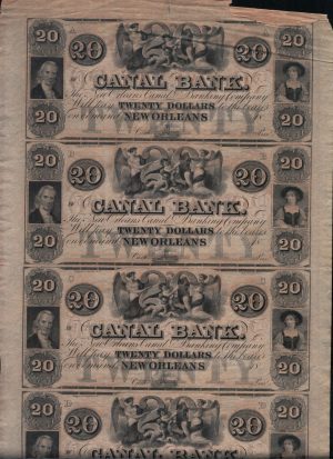 Twenty Dollar Sheet of Four Uncut Canal Bank Currency Notes New Orleans