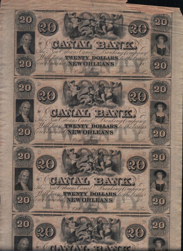 Twenty Dollar Sheet of Four Uncut Canal Bank Currency Notes New Orleans