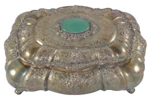 Antique Sterling Silver Box w/ Engraved Flowers & Stone