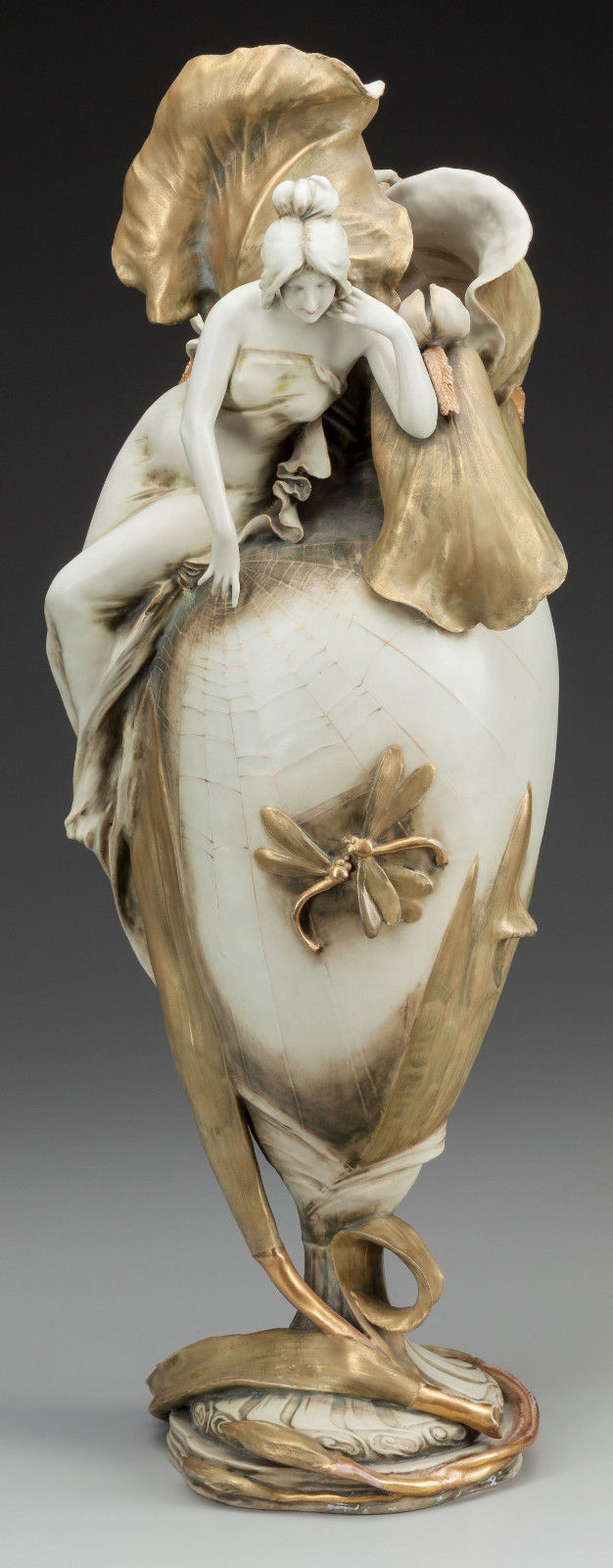 Art Nouveau Amphora Vase Bohemian Style Gold Gilt Painted Figural Flowers Lady - Image 2