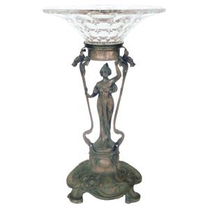 WMF Silver Plate Art Nouveau Woman Holding Glass Dish Over Her Head Circa 1900