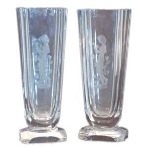 Pair of Art Deco style crystal wheel-carved vases. Signed