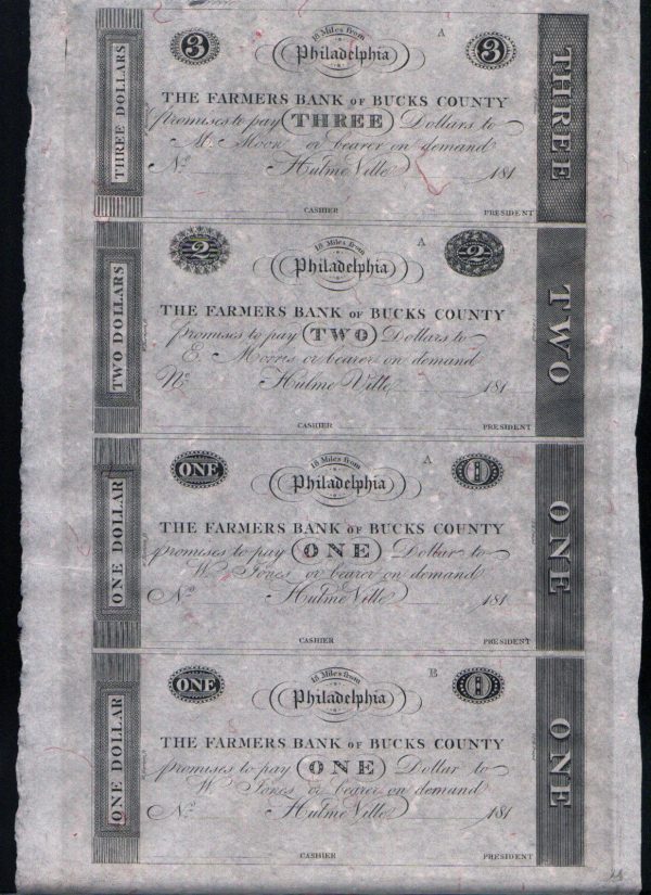 Lot 4 Uncut 1810s Farmer’s Bank of Bucks County RARE SHEET $1 1 2 3 Philadelphia