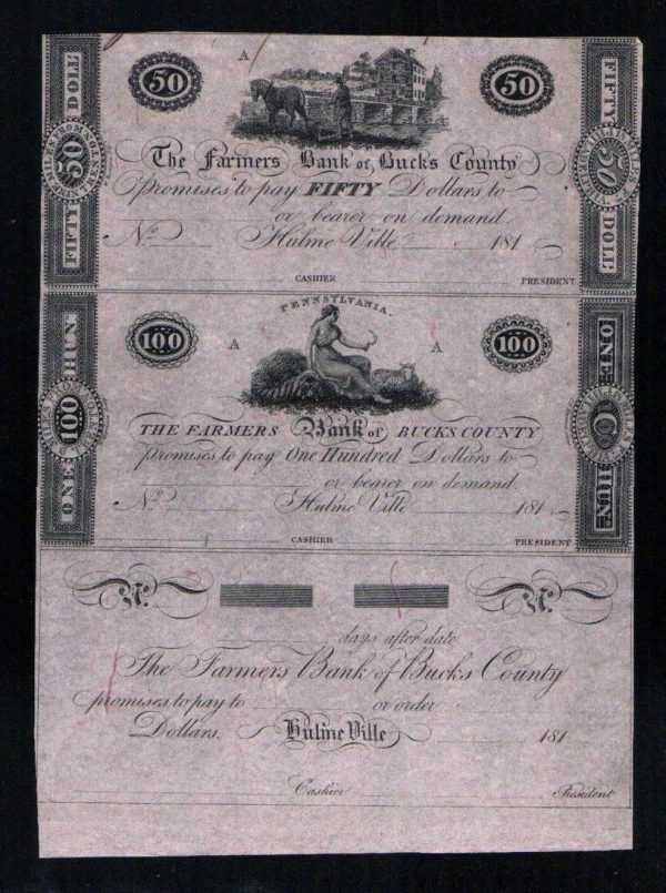 Uncut Sheet of 1814 Farmers Bank of Buck’s County Dollars & Check