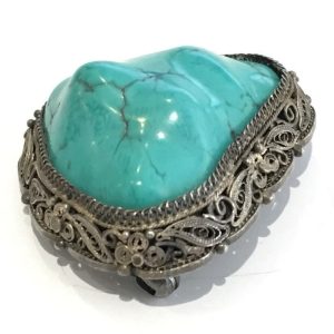 Fine Antique Turquoise Sterling Silver Brooch Intricate Metal Work