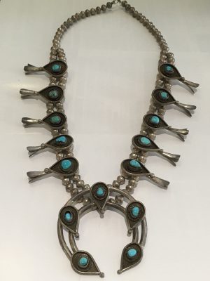 Antique Sterling Silver Turquoise Squash Blossom Necklace Tear Drop - 24" Length