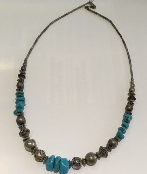 Sterling Silver Vintage Turquoise Rock Shaped Bead Necklace - 17" Length