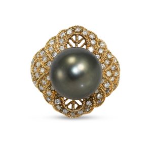 14K Yellow Gold Tahitian Pearl & Diamond Ring, 0.50tdw