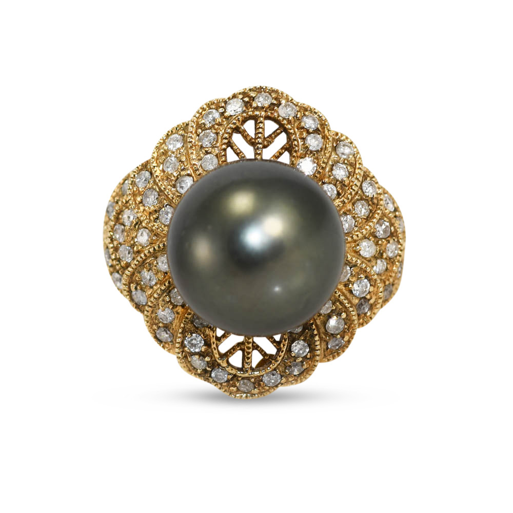 14K Yellow Gold Ladies' Tahitian Pearl & Diamond Ring, 0.50