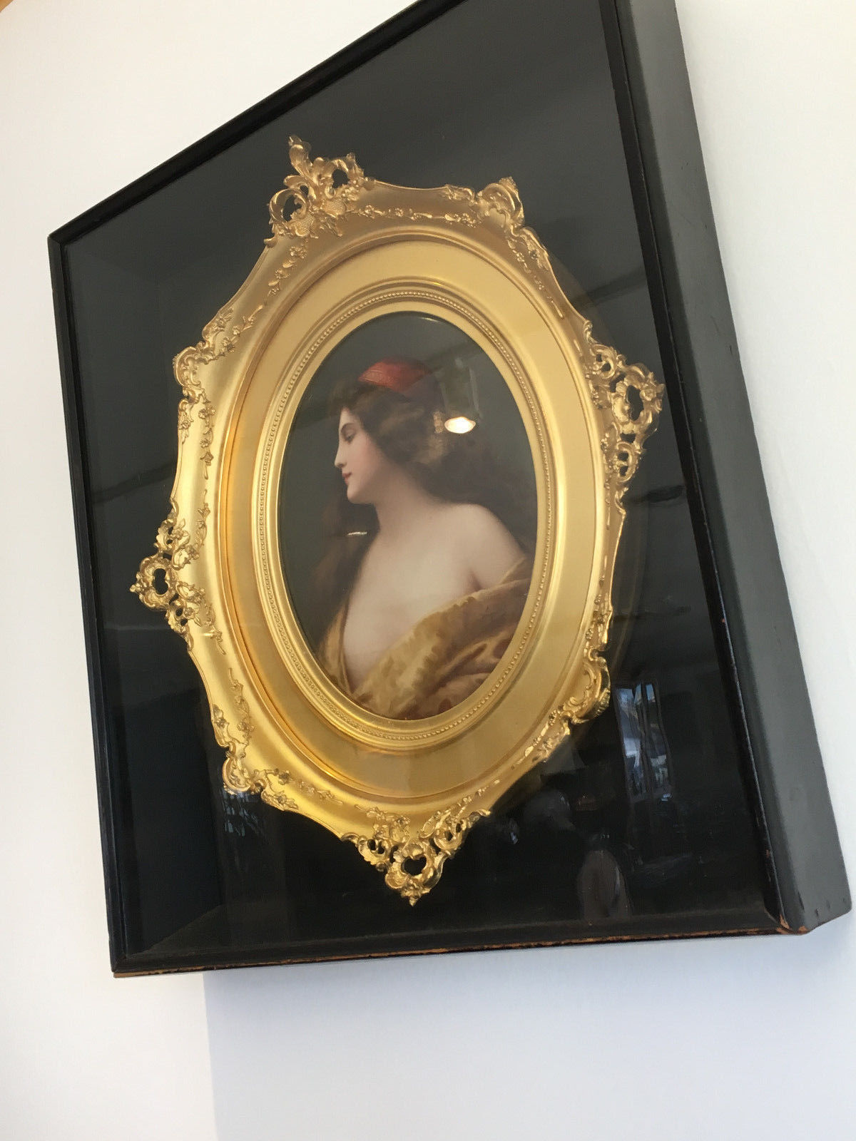 ◆美しい貴婦人画◆ゴールド板使用/アンティーク海外購入品 Antique Painting of a Woman Porcelain KPM Plaque Gilt Frame