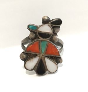 Antique Sterling Silver Native Bird Coral Turquoise Ring - Size 6.25